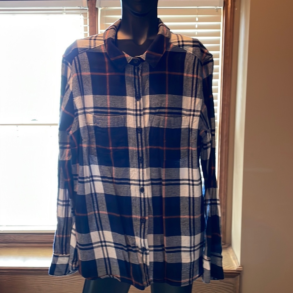 Blue/ white plaid button up shirt, worn but in good condition